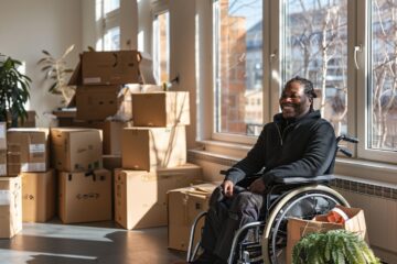 Personne en fauteuil roulant recevant une aide financière pour déménagement à Angers