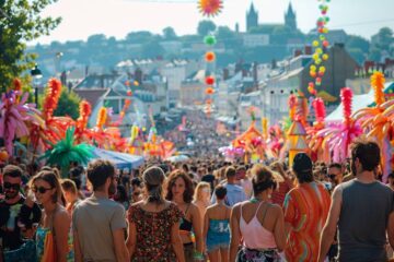 Foule enthousiaste profitant d'un festival coloré lors de la fête à Angers, événement incontournable de 2023